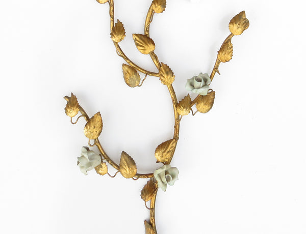 Vintage Italian Gilt Metal Branches with Leaves and Ceramic Celadon Roses Wall Décor - 2 Pieces