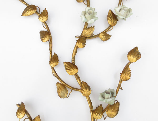 Vintage Italian Gilt Metal Branches with Leaves and Ceramic Celadon Roses Wall Décor - 2 Pieces