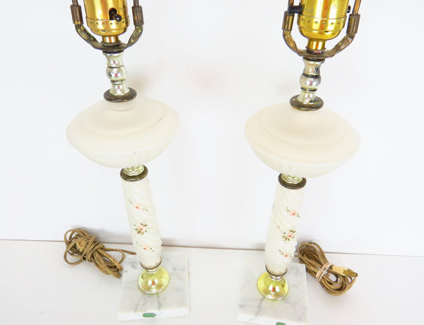 edgebrookhouse Vintage Italian Hand-Painted White Glass Column and Urn Shaped Bedside Lamps - a Pair