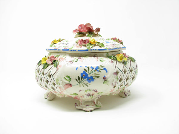edgebrookhouse Vintage Italy Reticulated Ceramic Box with Capodimonte Style Floral Design