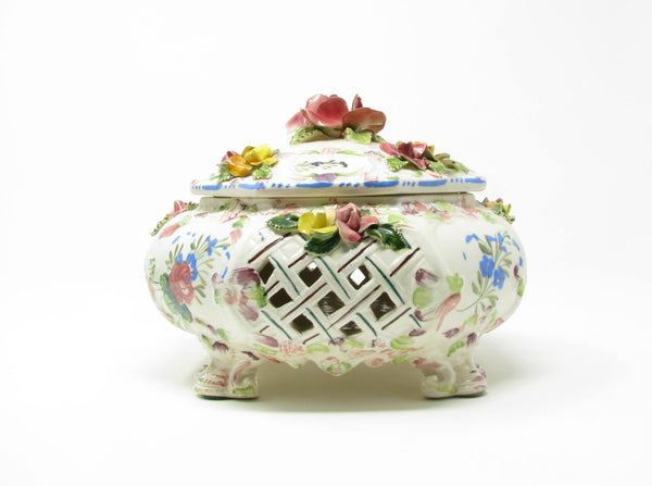 edgebrookhouse Vintage Italy Reticulated Ceramic Box with Capodimonte Style Floral Design