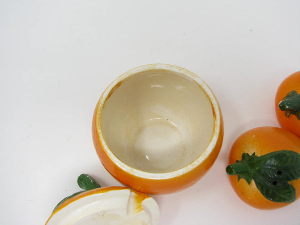 edgebrookhouse Vintage Japan Ceramic Orange or Tangerine Shaped Salt & Pepper Shakers with Condiment Jar - 3 Pieces