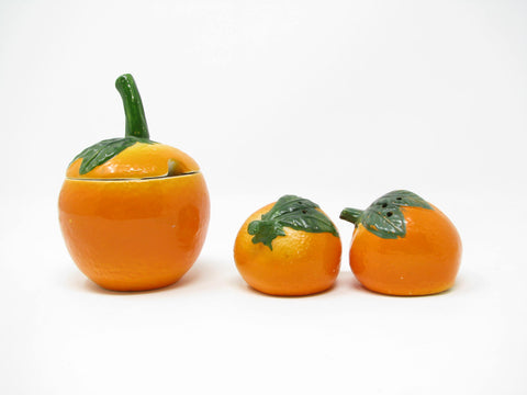 Vintage Japan Ceramic Orange or Tangerine Shaped Salt & Pepper Shakers with Condiment Jar - 3 Pieces