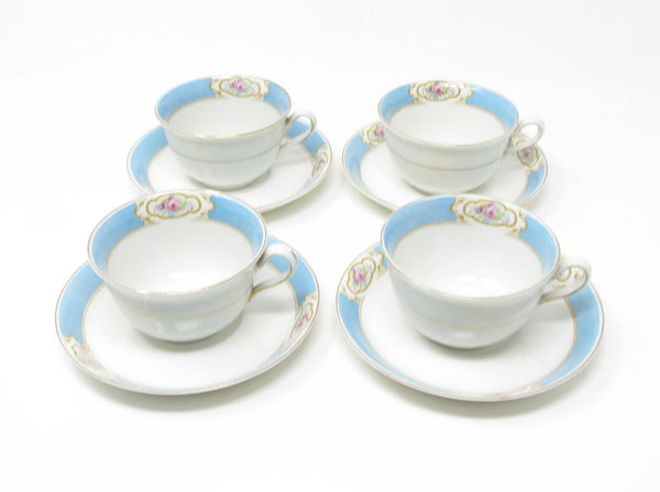 edgebrookhouse - Vintage Johnson Brothers Earthenware Cups & Saucers with Aqua Blue Band and Rose Design - 8 Pieces