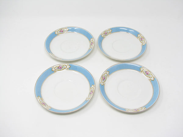 edgebrookhouse - Vintage Johnson Brothers Earthenware Cups & Saucers with Aqua Blue Band and Rose Design - 8 Pieces