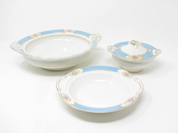 edgebrookhouse - Vintage Johnson Brothers Earthenware Serving Dishes with Aqua Blue Band and Gold Details - 6 Pieces