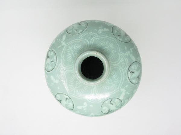 Vintage Korean Celadon Meiping Vase with Cranes