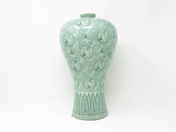 Vintage Korean Celadon Meiping Vase with Cranes