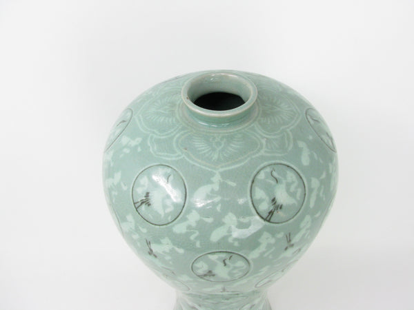 Vintage Korean Celadon Meiping Vase with Cranes
