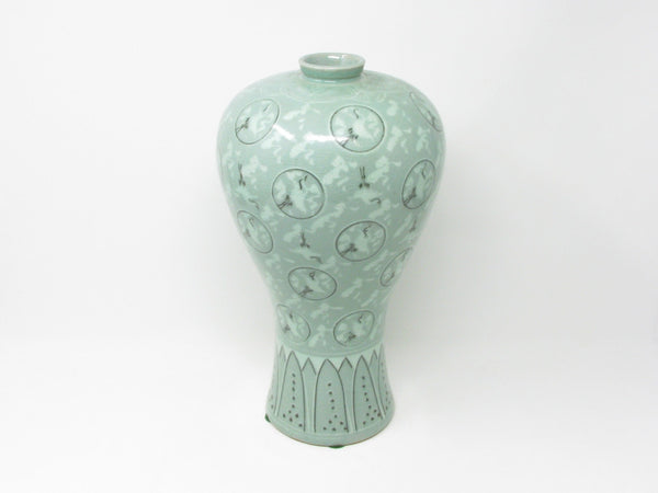 Vintage Korean Celadon Meiping Vase with Cranes