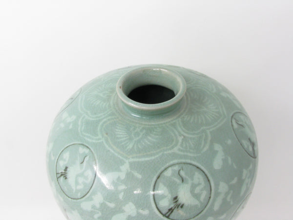 Vintage Korean Celadon Meiping Vase with Cranes