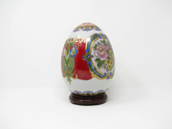 Vintage Large Asian Painted Egg on Lacquered Stand