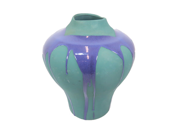 edgebrookhouse Vintage Large Haeger Pottery Vase With Matte Teal and Glossy Purple Drip Glaze
