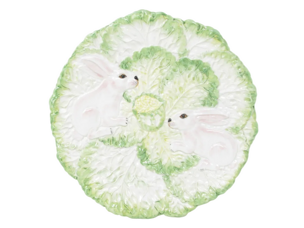 Vintage Large Italian Ceramic Platter with Hand-Painted Rabbits and Lettuce Cabbage Leaves