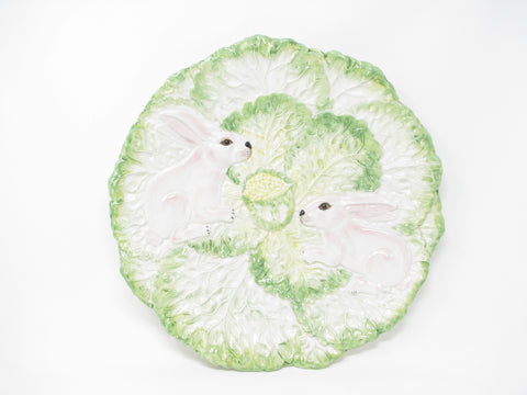 Vintage Large Italian Ceramic Platter with Hand-Painted Rabbits and Lettuce Cabbage Leaves