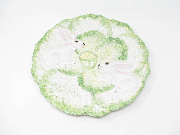 Vintage Large Italian Ceramic Platter with Hand-Painted Rabbits and Lettuce Cabbage Leaves