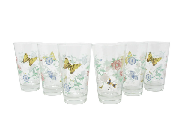 Vintage Lenox Butterfly Meadow Glass Tumblers or Hiballs Made by Libbey - 6 Pieces - 2 Sets Available