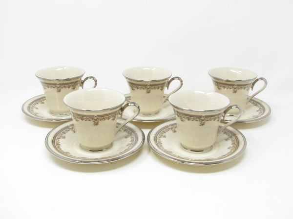 edgebrookhouse - Vintage Lenox Lace Point Floral Cups and Saucers with Platinum Rim - 10 Pieces
