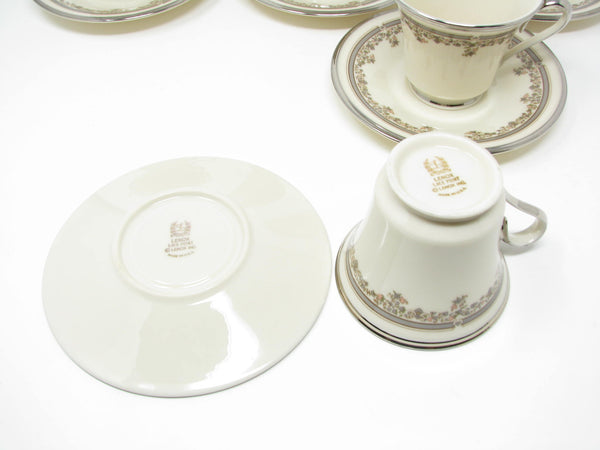 edgebrookhouse - Vintage Lenox Lace Point Floral Cups and Saucers with Platinum Rim - 10 Pieces