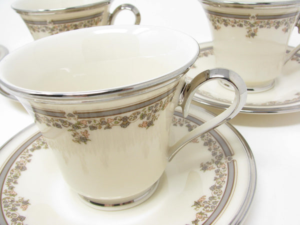edgebrookhouse - Vintage Lenox Lace Point Floral Cups and Saucers with Platinum Rim - 10 Pieces