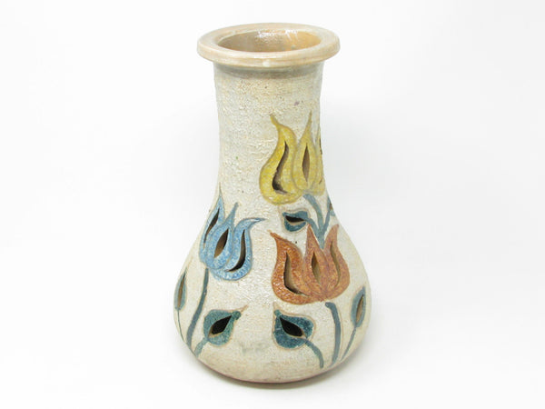 Vintage Letitia Alarzon Mexican Folk Art Reticulated Terracotta Pottery Vase with Tulips