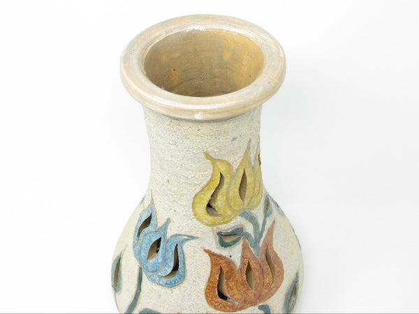 Vintage Letitia Alarzon Mexican Folk Art Reticulated Terracotta Pottery Vase with Tulips