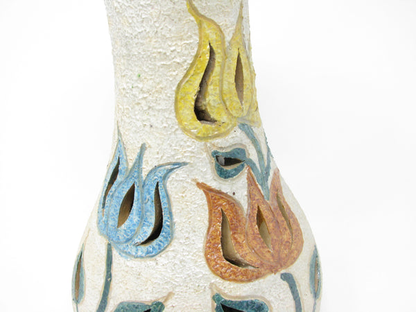 Vintage Letitia Alarzon Mexican Folk Art Reticulated Terracotta Pottery Vase with Tulips