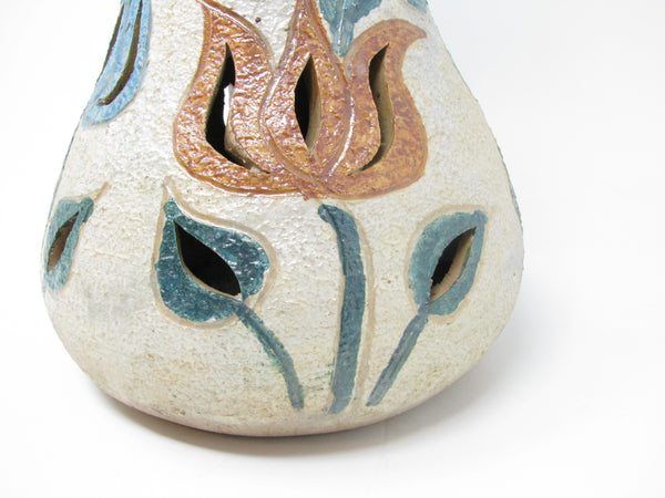 Vintage Letitia Alarzon Mexican Folk Art Reticulated Terracotta Pottery Vase with Tulips