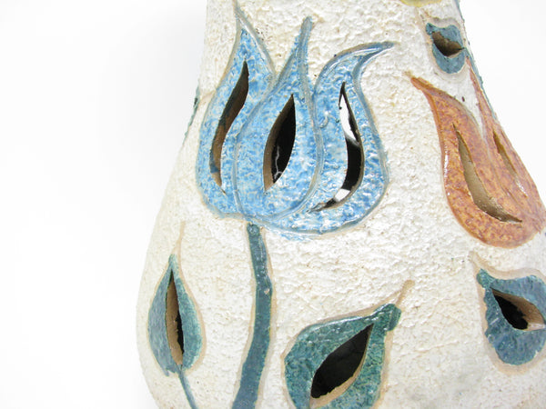 Vintage Letitia Alarzon Mexican Folk Art Reticulated Terracotta Pottery Vase with Tulips