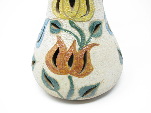 Vintage Letitia Alarzon Mexican Folk Art Reticulated Terracotta Pottery Vase with Tulips