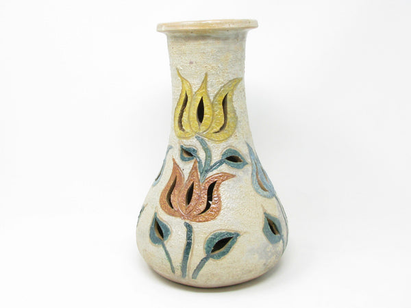 Vintage Letitia Alarzon Mexican Folk Art Reticulated Terracotta Pottery Vase with Tulips