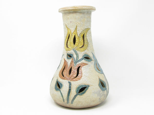Vintage Letitia Alarzon Mexican Folk Art Reticulated Terracotta Pottery Vase with Tulips