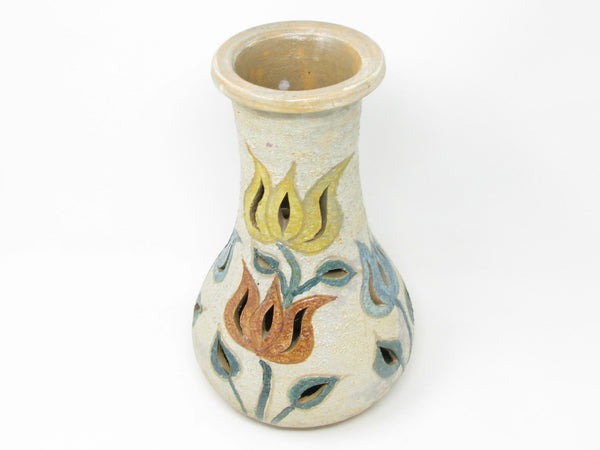 Vintage Letitia Alarzon Mexican Folk Art Reticulated Terracotta Pottery Vase with Tulips