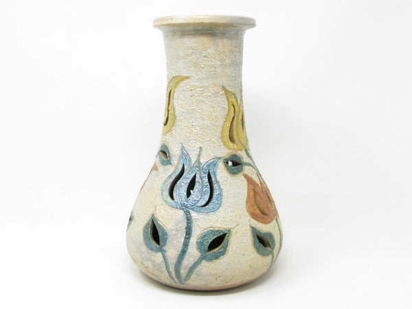 Vintage Letitia Alarzon Mexican Folk Art Reticulated Terracotta Pottery Vase with Tulips