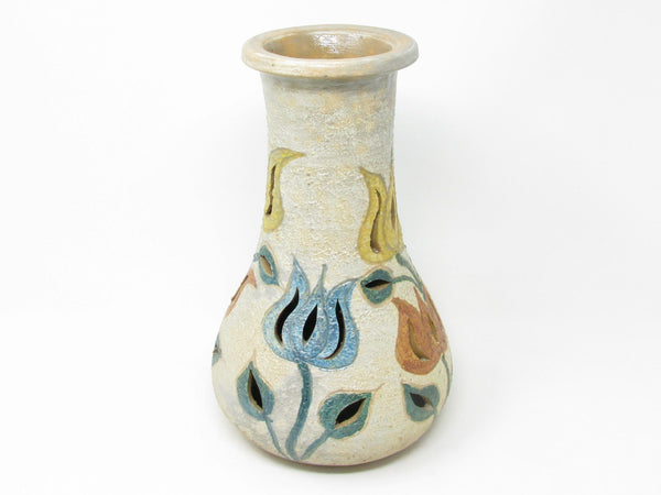 Vintage Letitia Alarzon Mexican Folk Art Reticulated Terracotta Pottery Vase with Tulips