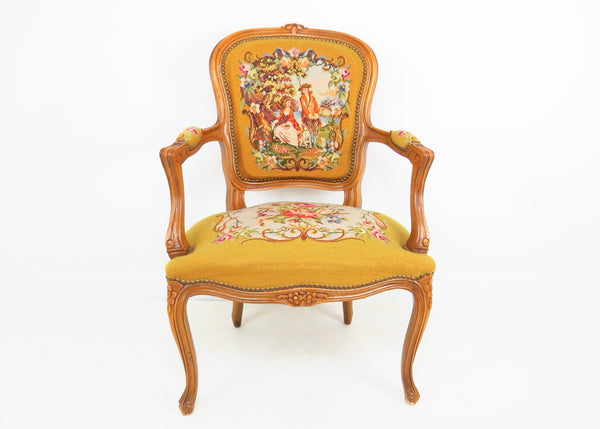 edgebrookhouse - Vintage Louis XV Provincial Style Open Arm Bergere With Needlepoint