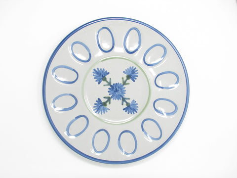 Vintage Louisville Pottery Stoneware Deviled Egg Plate with Blue Bachelor Button Floral Pattern