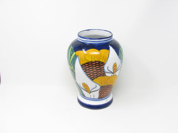 Vintage Mexican Clay Pottery Vase with Hand-Painted Calla Lily Pattern