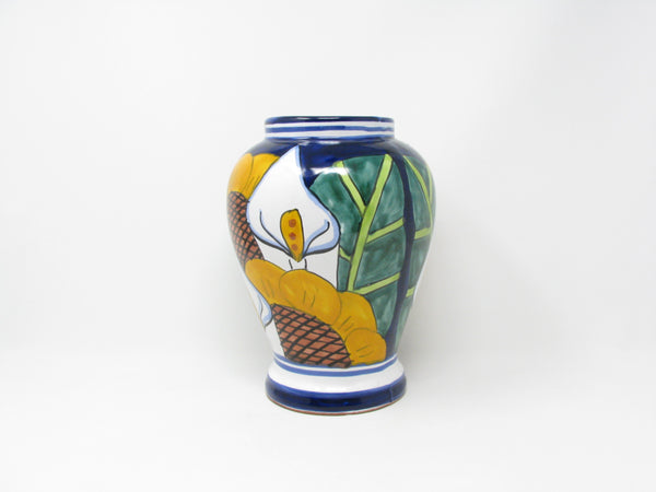 Vintage Mexican Clay Pottery Vase with Hand-Painted Calla Lily Pattern