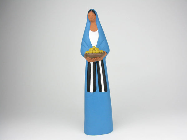 Vintage Mexican Folk Art Sculpture of Figure Holding Plate of Fruit Impressed Mexico Mark