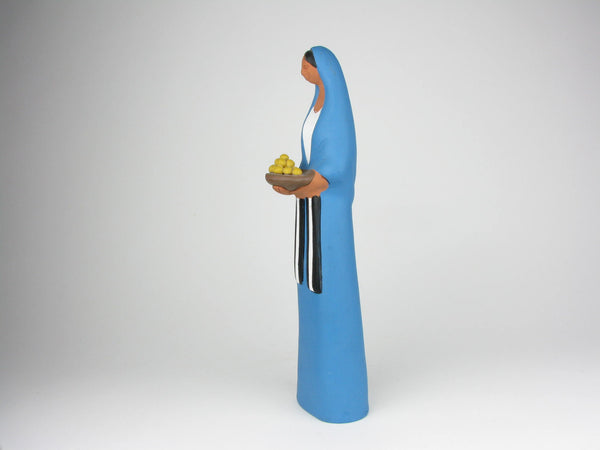 Vintage Mexican Folk Art Sculpture of Figure Holding Plate of Fruit Impressed Mexico Mark