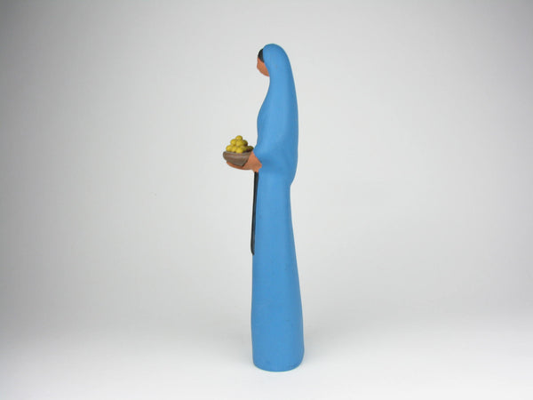 Vintage Mexican Folk Art Sculpture of Figure Holding Plate of Fruit Impressed Mexico Mark