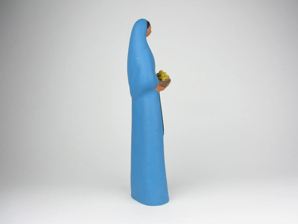 Vintage Mexican Folk Art Sculpture of Figure Holding Plate of Fruit Impressed Mexico Mark