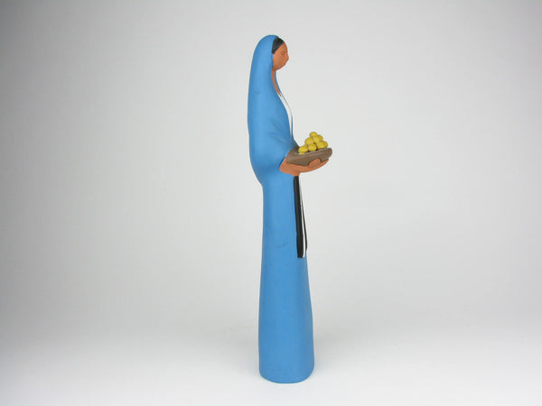 Vintage Mexican Folk Art Sculpture of Figure Holding Plate of Fruit Impressed Mexico Mark