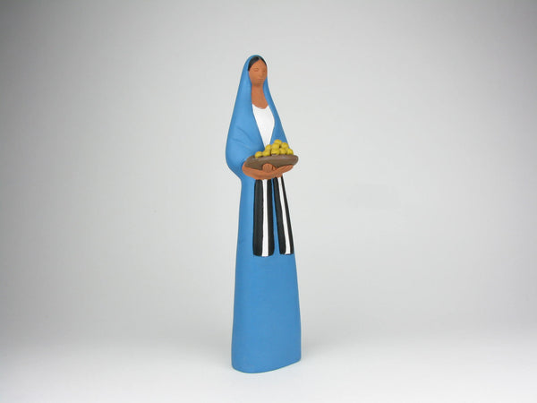 Vintage Mexican Folk Art Sculpture of Figure Holding Plate of Fruit Impressed Mexico Mark