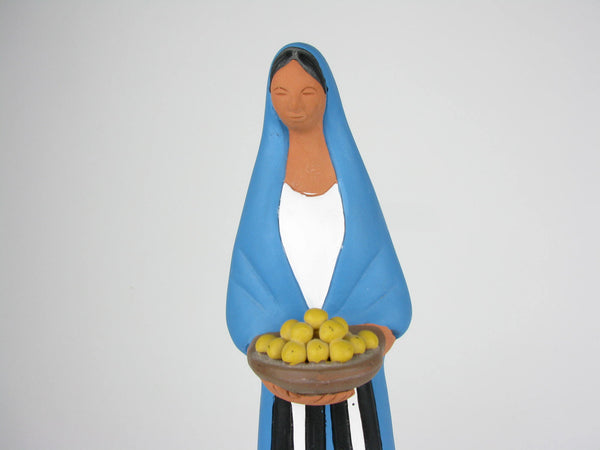 Vintage Mexican Folk Art Sculpture of Figure Holding Plate of Fruit Impressed Mexico Mark