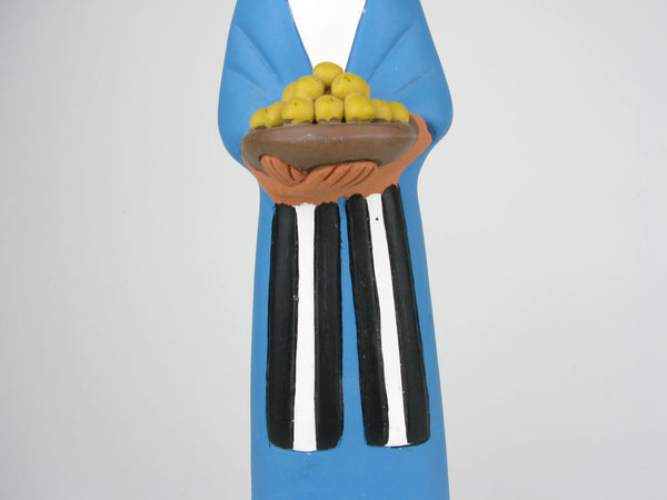 Vintage Mexican Folk Art Sculpture of Figure Holding Plate of Fruit Impressed Mexico Mark