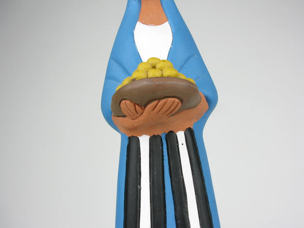 Vintage Mexican Folk Art Sculpture of Figure Holding Plate of Fruit Impressed Mexico Mark