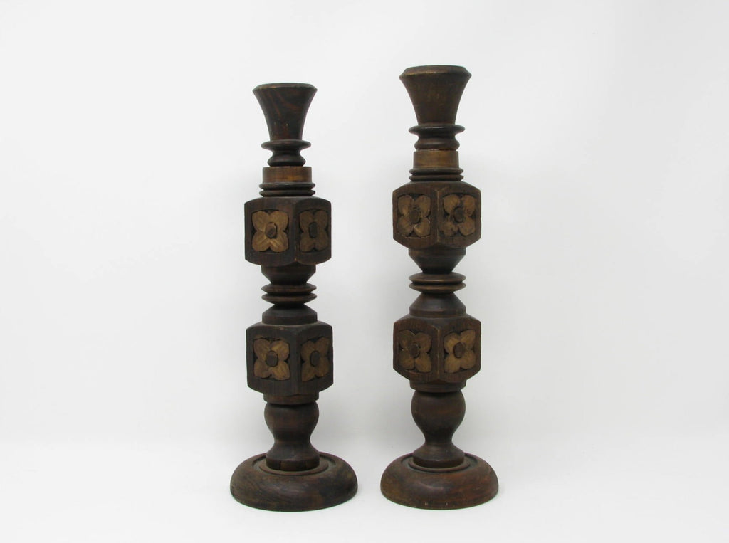 Vintage Mexican Hand-Carved Wooden Candle Holders - 2 Pieces