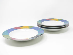 Vintage Mikasa Currents Fine China Rimmed Bowls with Multi-Color Geometric Pattern Rim - 4 Pieces